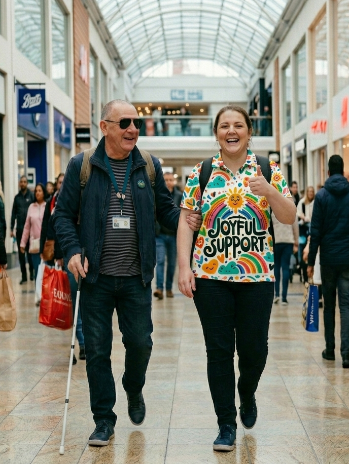 Joyful Support worker and participant shopping together in the community